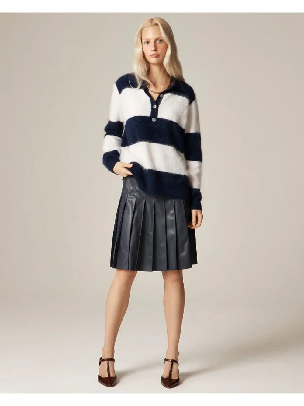 NWT J.Crew Brushed Cashmere Rugby Sweater in  Navy Snow Stripe Henley Polo L